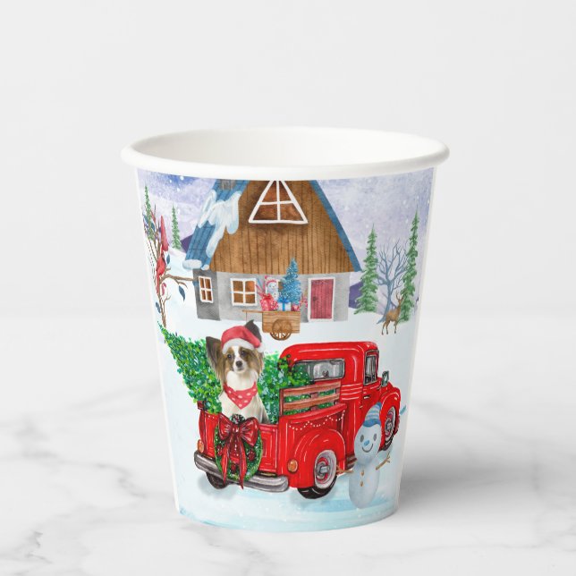 Papillon Dog In Christmas Delivery Truck Snow Paper Cups (Front)