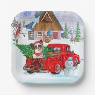 Papillon Dog In Christmas Delivery Truck Snow Paper Plate