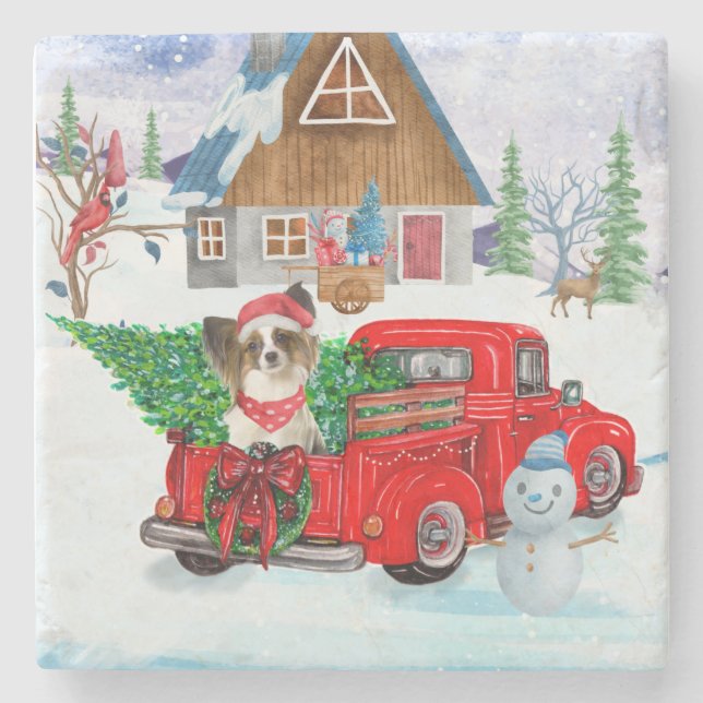Papillon Dog In Christmas Delivery Truck Snow Stone Coaster (Front)