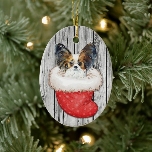 Papillon Dog in Christmas Stocking on Wood Ceramic Ornament (Tree)