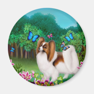 Papillon Dog in Garden Round Magnet