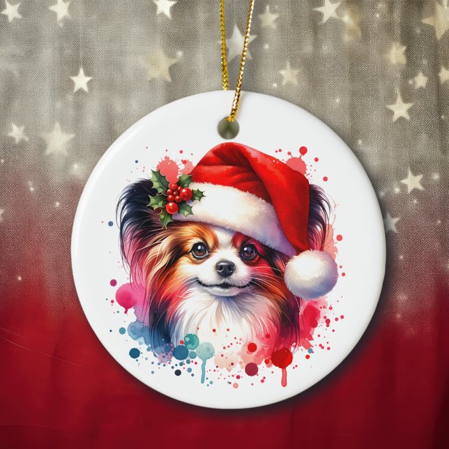 Papillon Dog in Santa Hat Christmas Personalised Ceramic Ornament (Creator Uploaded)
