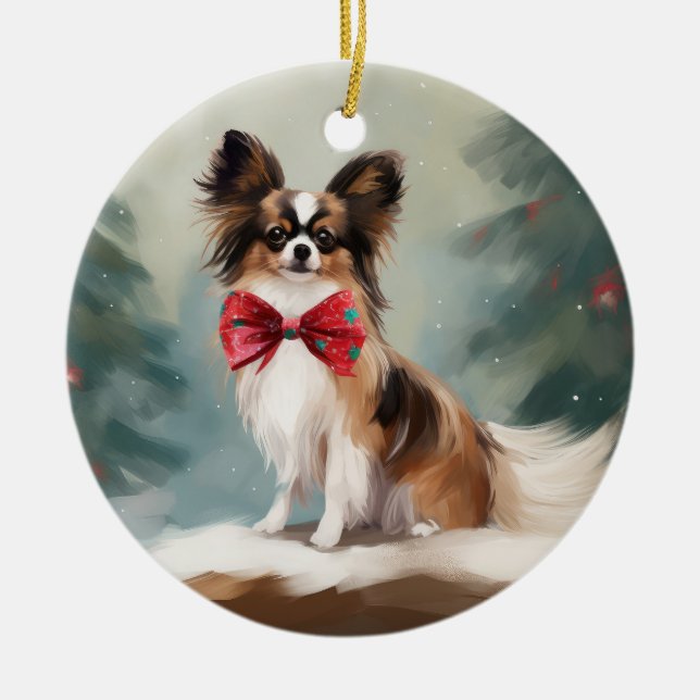 Papillon Dog in Snow Christmas  Ceramic Ornament (Front)