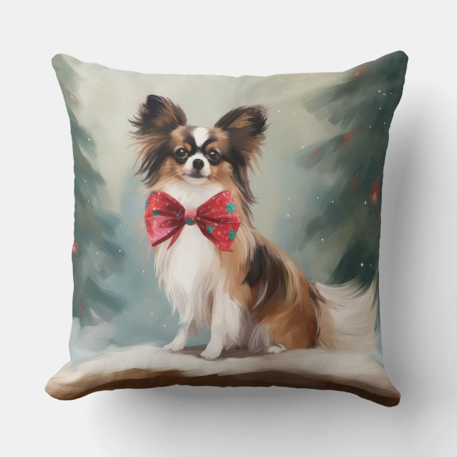 Papillon Dog in Snow Christmas  Cushion (Front)