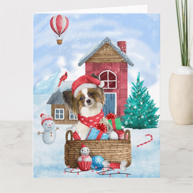 Papillon Dog In snow Christmas Dog House Card (Front)