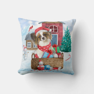 Papillon Dog In snow Christmas Dog House Cushion