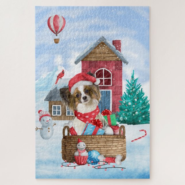 Papillon Dog In snow Christmas Dog House Jigsaw Puzzle (Vertical)