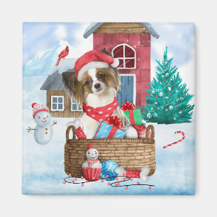 Papillon Dog In snow Christmas Dog House Magnet