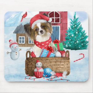 Papillon Dog In snow Christmas Dog House Mouse Pad