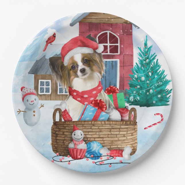 Papillon Dog In snow Christmas Dog House Paper Plate (Front)