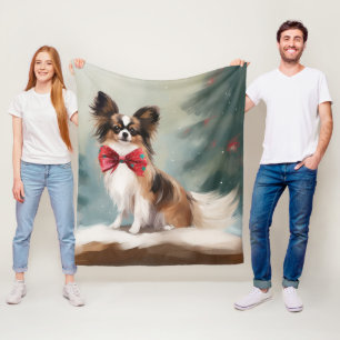Papillon Dog in Snow Christmas Fleece Blanket