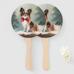 Papillon Dog in Snow Christmas  Hand Fan