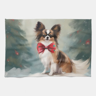 Papillon Dog in Snow Christmas  Tea Towel