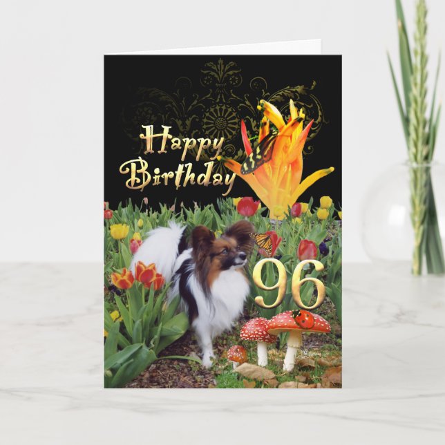 Papillon dog in tulip garden 96 Birthday celebrate Card (Front)