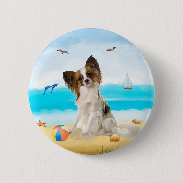 Papillon Dog on Beach 6 Cm Round Badge (Front)