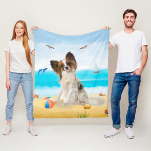 Papillon Dog on Beach Fleece Blanket