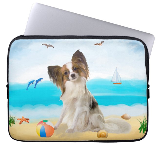 Papillon Dog on Beach Laptop Sleeve (Front)