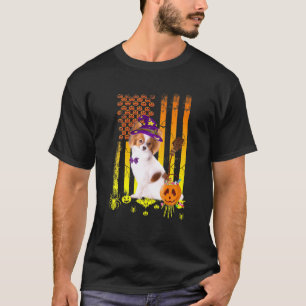 Papillon Dog Pumpkin American Flag Halloween Dog T-Shirt