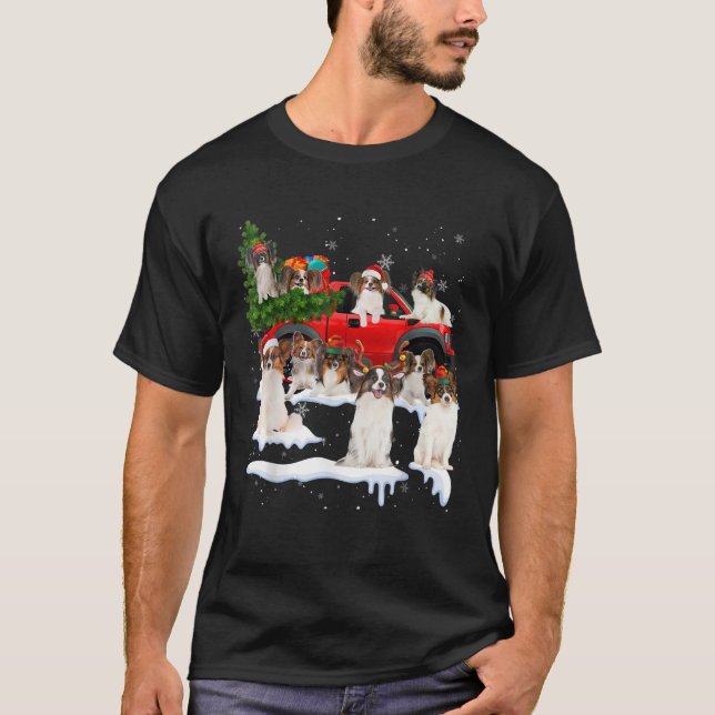 Papillon Dog Red Truck Christmas Tree Santa Ugly X T-Shirt (Front)