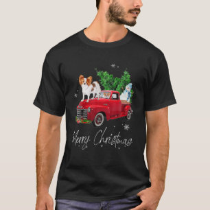Papillon Dog Riding Red Truck Christmas T-Shirt