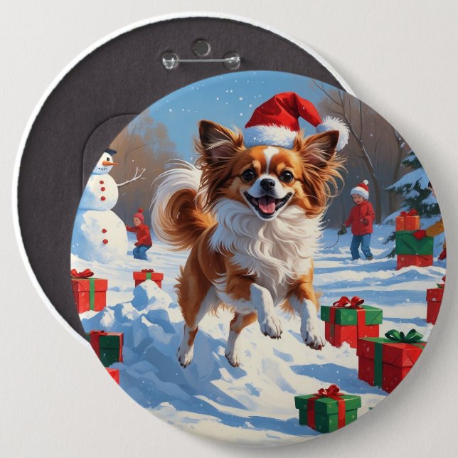 Papillon Dog Running in Snow with Christmas Hat 6 Cm Round Badge (Front & Back)
