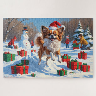 Papillon Dog Running in Snow with Christmas Hat Jigsaw Puzzle