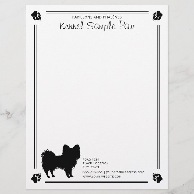 Papillon Dog Silhouette With Paws And Custom Text Letterhead (Front)