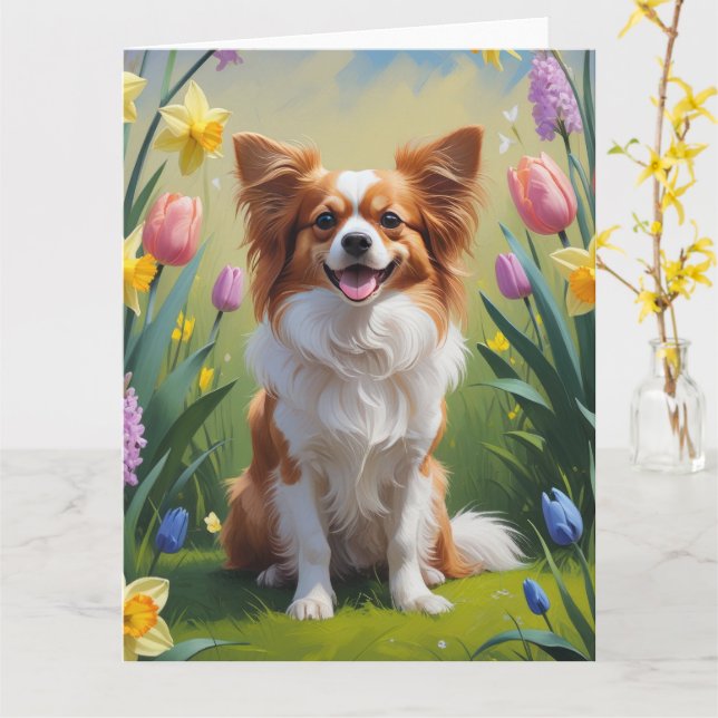 Papillon Dog Spring Flowers Painting  Card (Yellow Flower)