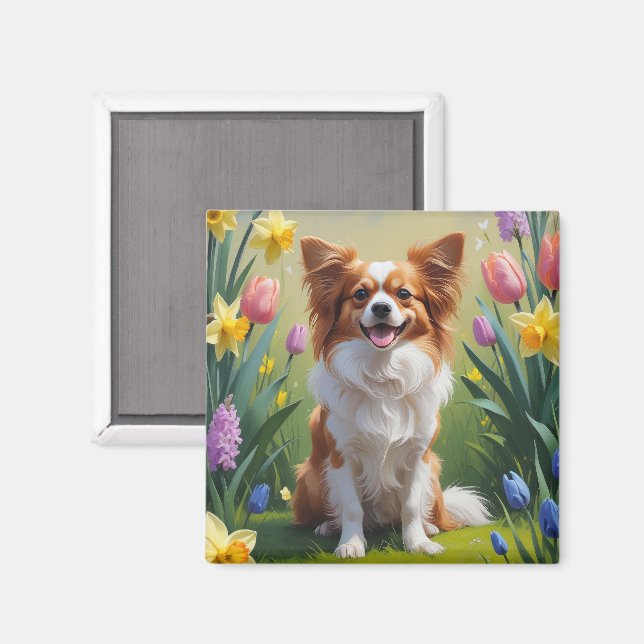 Papillon Dog Spring Flowers Painting  Magnet (Front/Back)