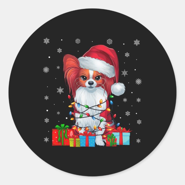 Papillon Dog Ugly Xmas Lights Santa Papillon Dog C Classic Round Sticker (Front)
