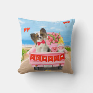 Papillon Dog Valentine's Day Truck Hearts Cushion