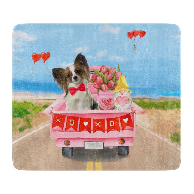 Papillon Dog Valentine's Day Truck Hearts Cutting Board (Front)
