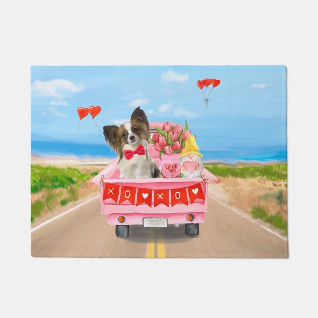 Papillon Dog Valentine's Day Truck Hearts Doormat (Front)