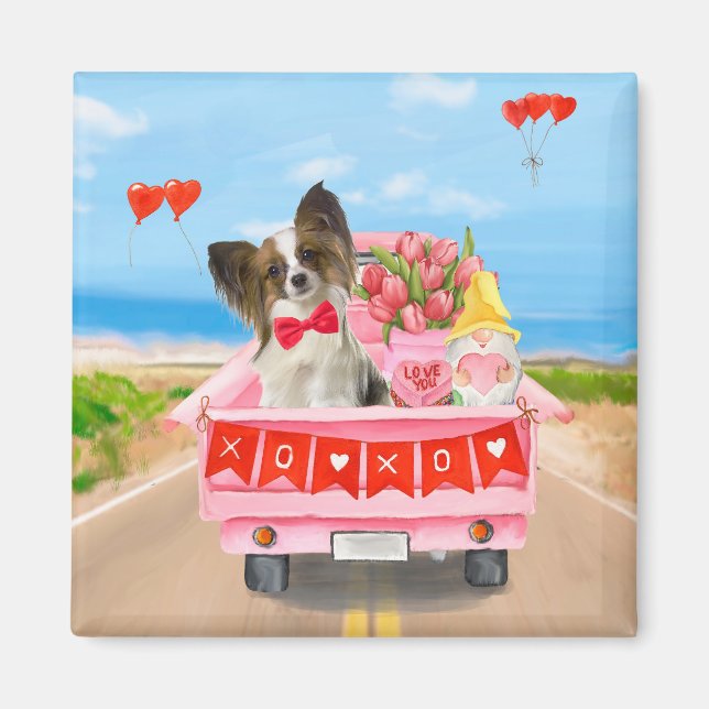 Papillon Dog Valentine's Day Truck Hearts Magnet (Front)