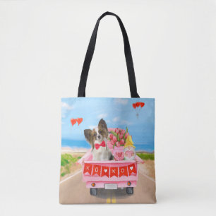 Papillon Dog Valentine's Day Truck Hearts Tote Bag
