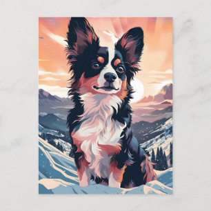Papillon dog winter mountain forest during sunset postcard