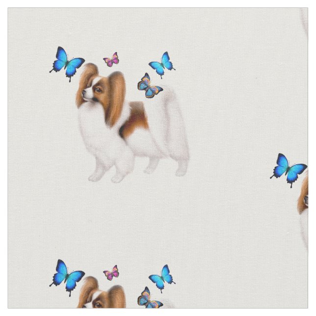 Papillon Dog with Butterflies Cotton Fabric (Close Up)