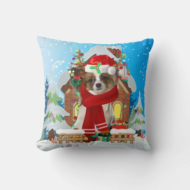 Papillon dog with Christmas gifts Cushion (Front)