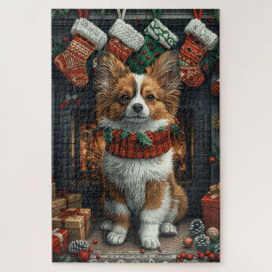 Papillon Dog With Christmas Gifts Fireplace Jigsaw Puzzle