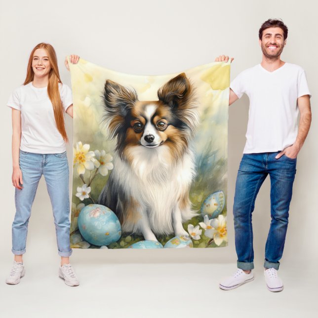 Papillon Dog with Easter Eggs Holiday Fleece Blanket (In Situ)