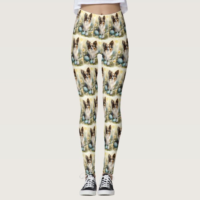 Papillon Dog with Easter Eggs Holiday Leggings (Front)