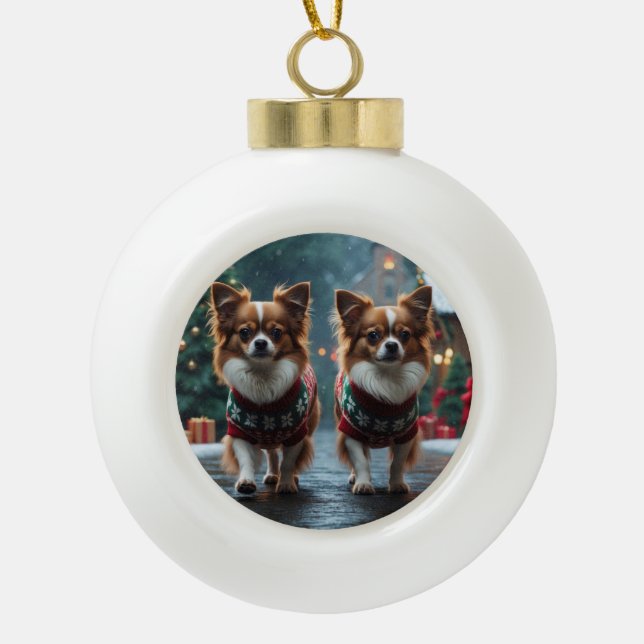 Papillon Dogs Christmas Snow Holiday Ceramic Ball Christmas Ornament (Front)