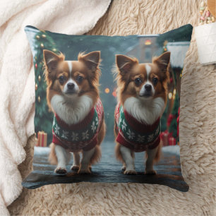 Papillon Dogs Christmas Snow Holiday Cushion