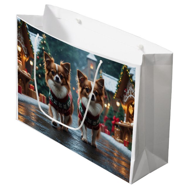 Papillon Dogs Christmas Snow Holiday Large Gift Bag (Front Angled)