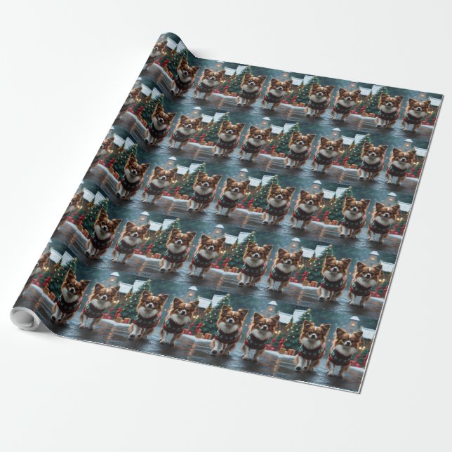 Papillon Dogs Christmas Snow Holiday Wrapping Paper (Unrolled)