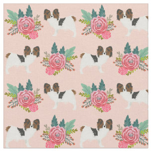 papillon dogs pink florals fabric