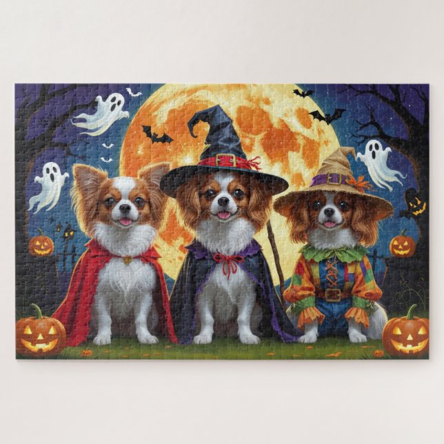 Papillon Dogs Pumpkin Halloween Funny  Jigsaw Puzzle (Horizontal)