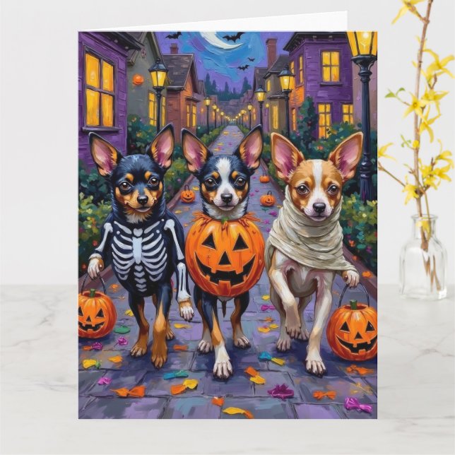 Papillon Dogs Trick-or-Treating Halloween Costumes Card (Yellow Flower)