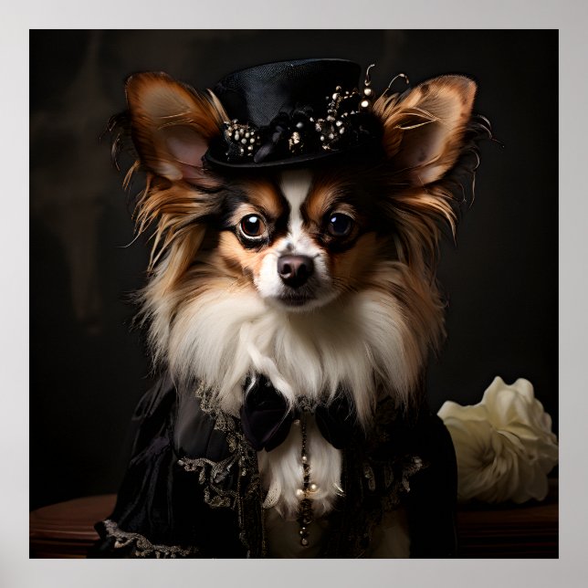 Papillon Dressed in Victorian Costume Portrait  Poster (Front)