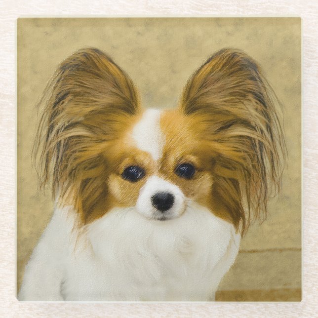 Papillon (Hound Tri) Painting - Original Dog Art Glass Coaster (Front)